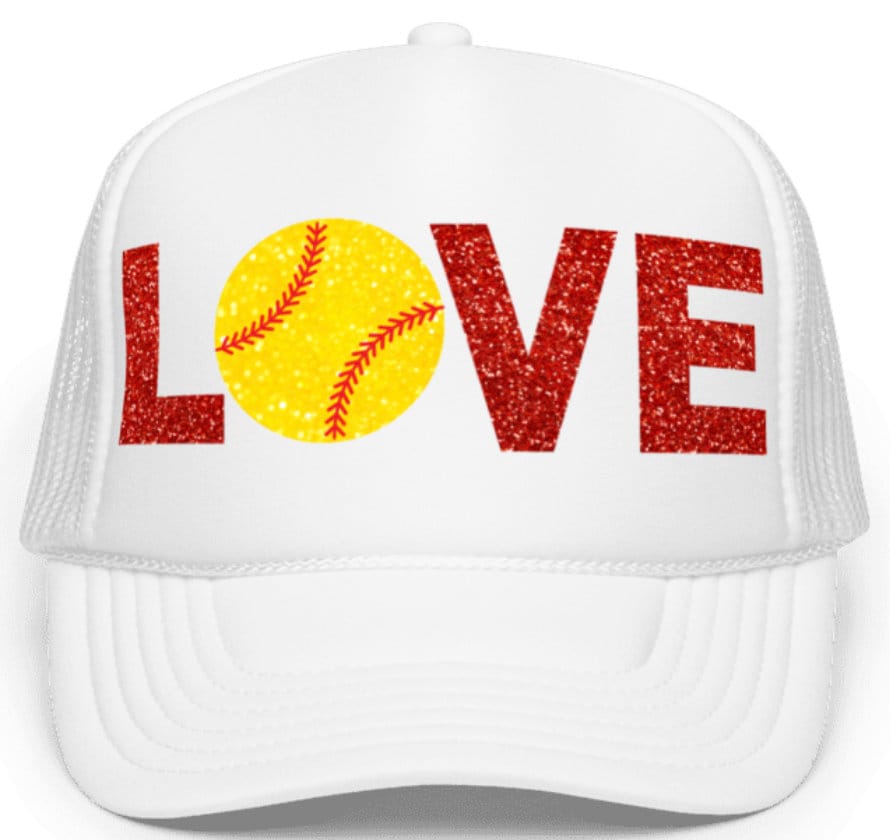 LOVE Softball Glitter Trucker Hat